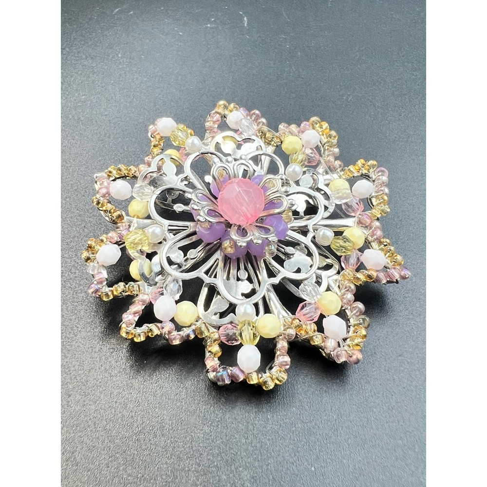 Filigree Flower Brooch OS Pastel Pink Yellow EXC